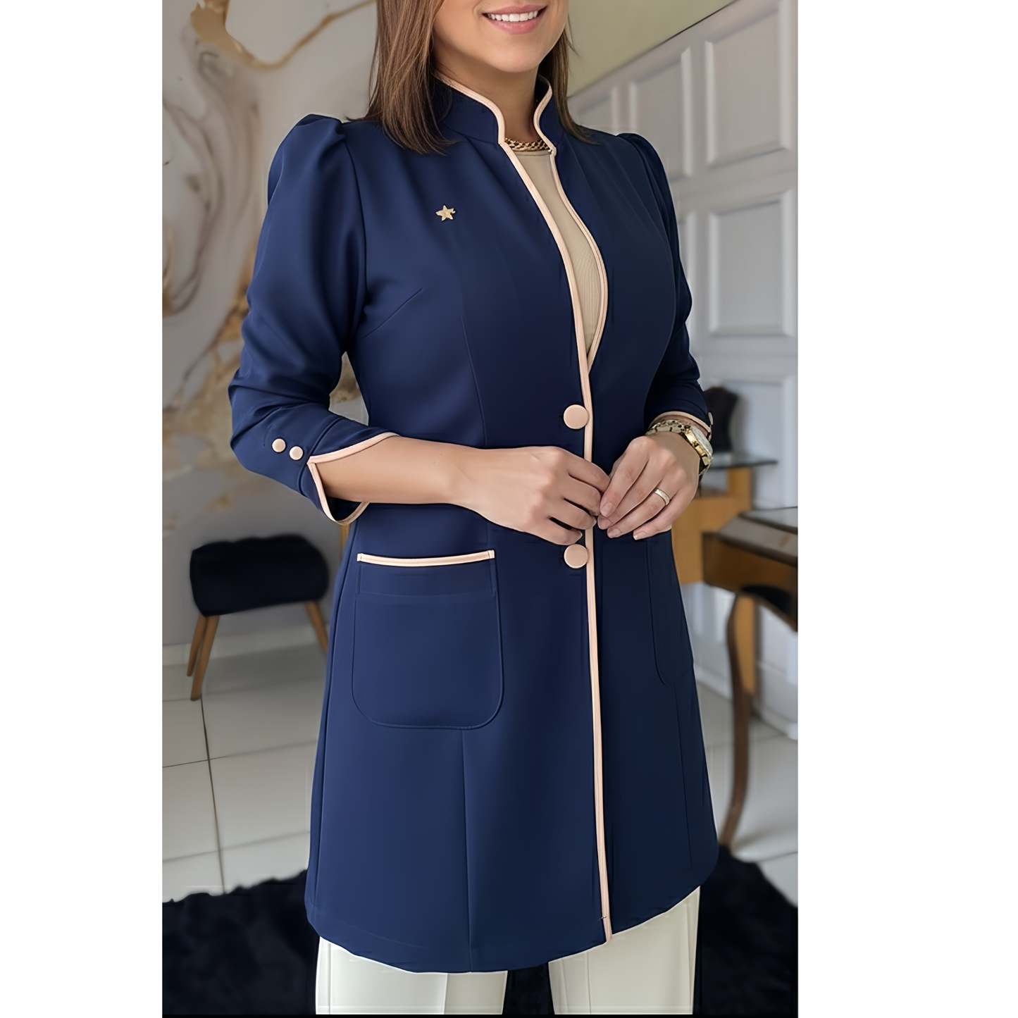 Jaleco Premium Grace Azul Marinho / Nude
